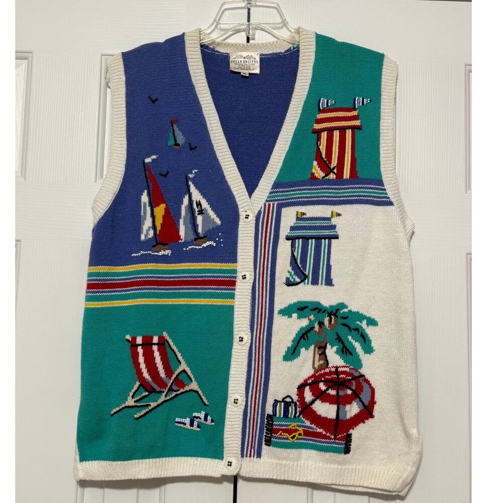 Vintage Susan Bristol Boats, Beach Chairs and Cabanas Cotton Sweater Vest, XL